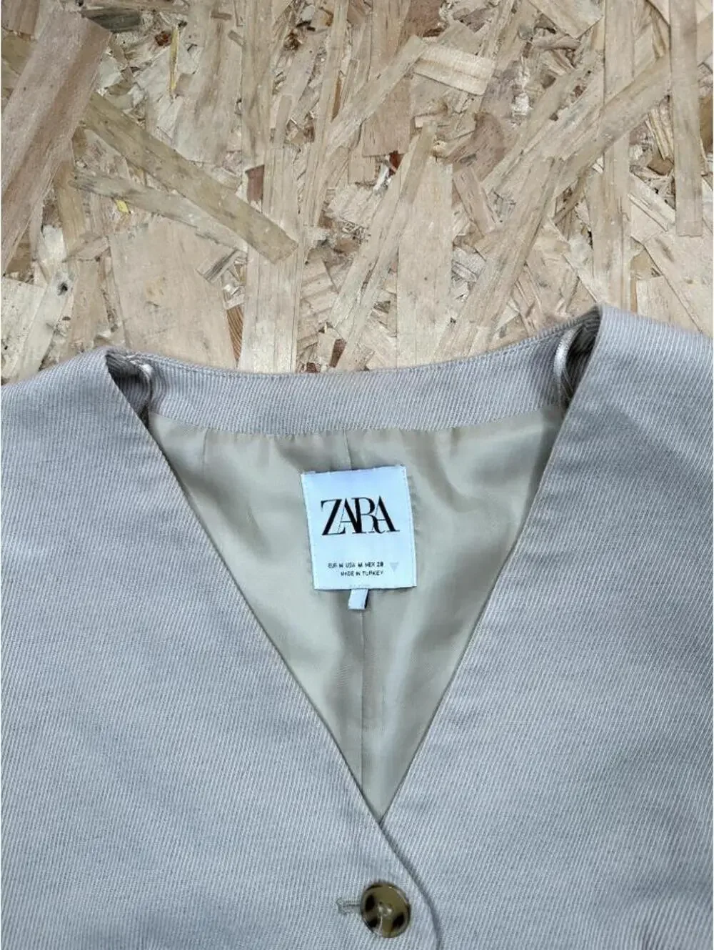 Zara Cropped Vest Womens Medium Beige Twill V-Neck Button Front Tailored